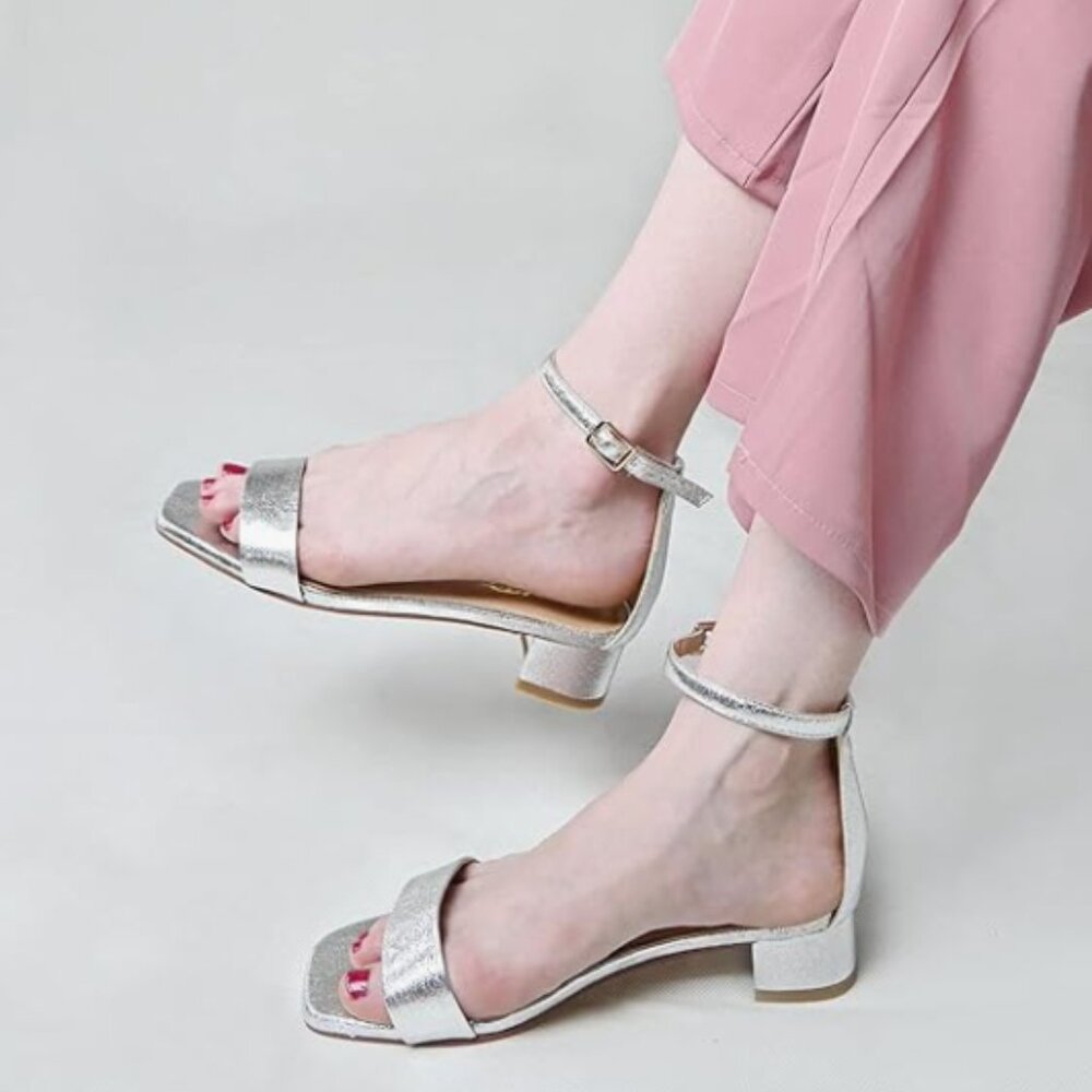 XYD Silver Open Toe Ankle Strap Buckled Low Chunky Heel Dress Sandal